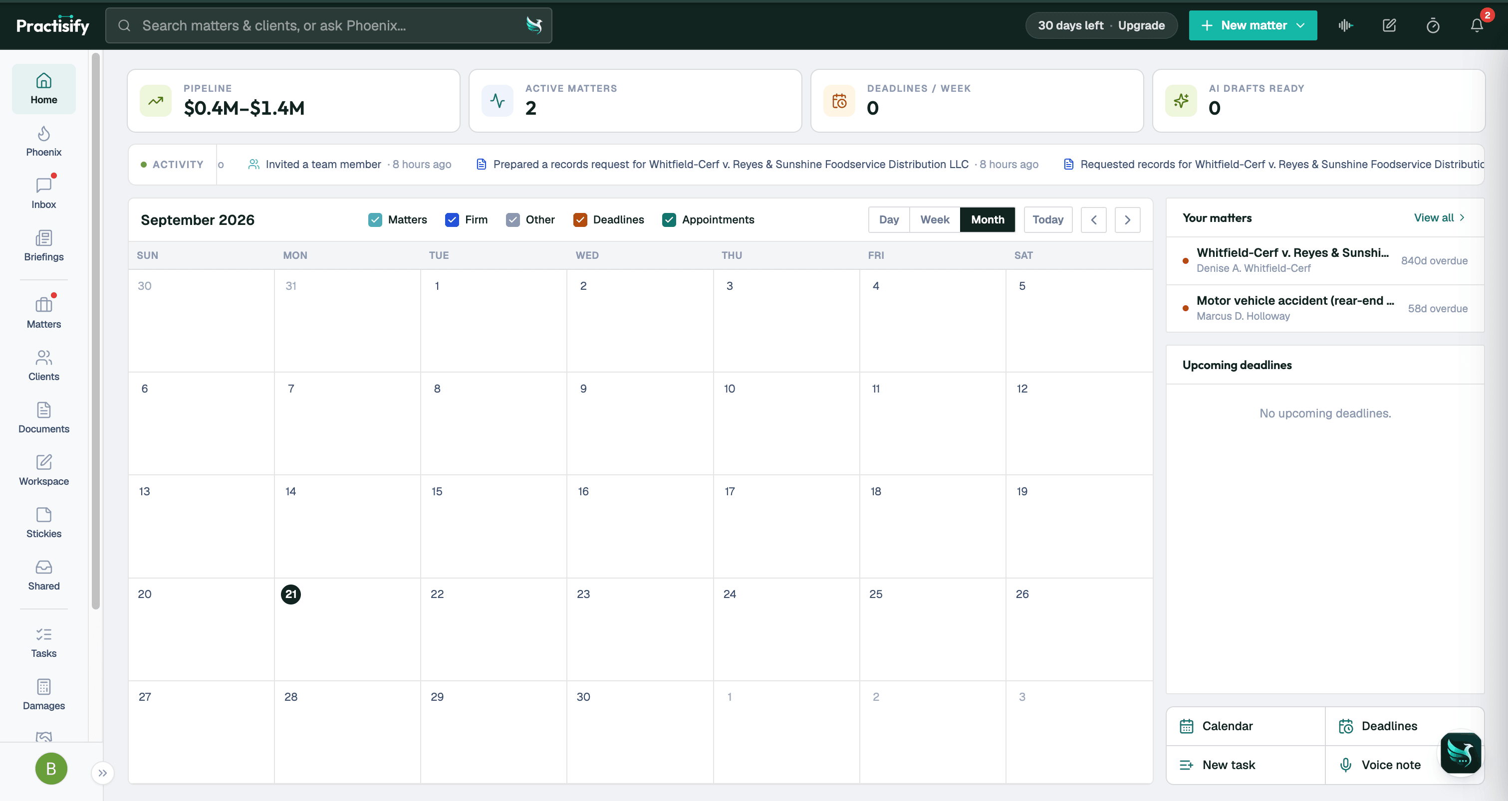 The Practisify dashboard — matters, calendar, deadlines, and Phoenix AI in one workspace
